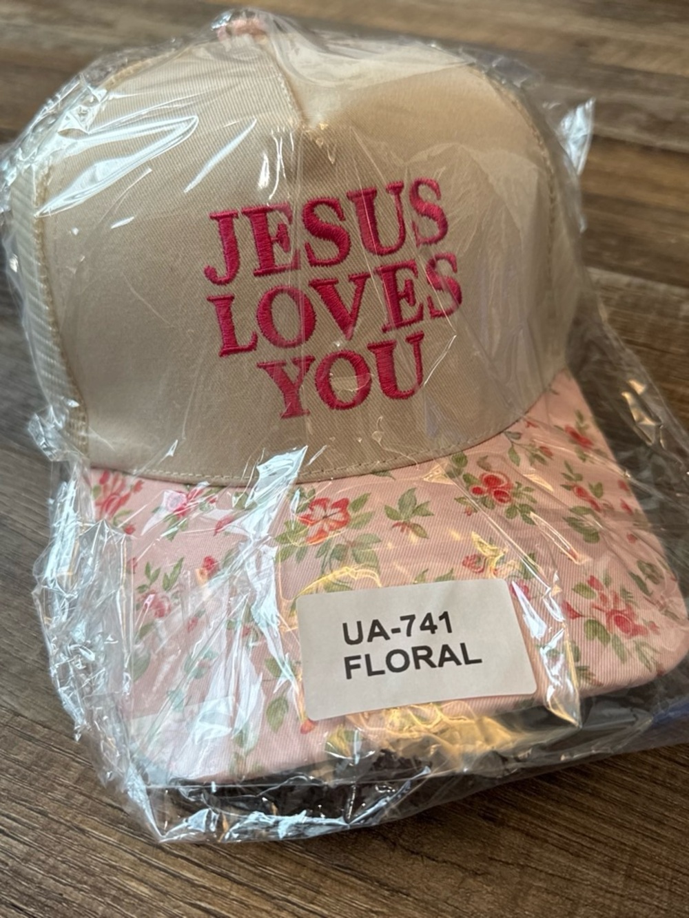 Beige & Pink Floral 'Jesus Loves You' Trucker Hat
